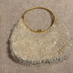 Beaded Ivory Evening Handbag with Gold Handle